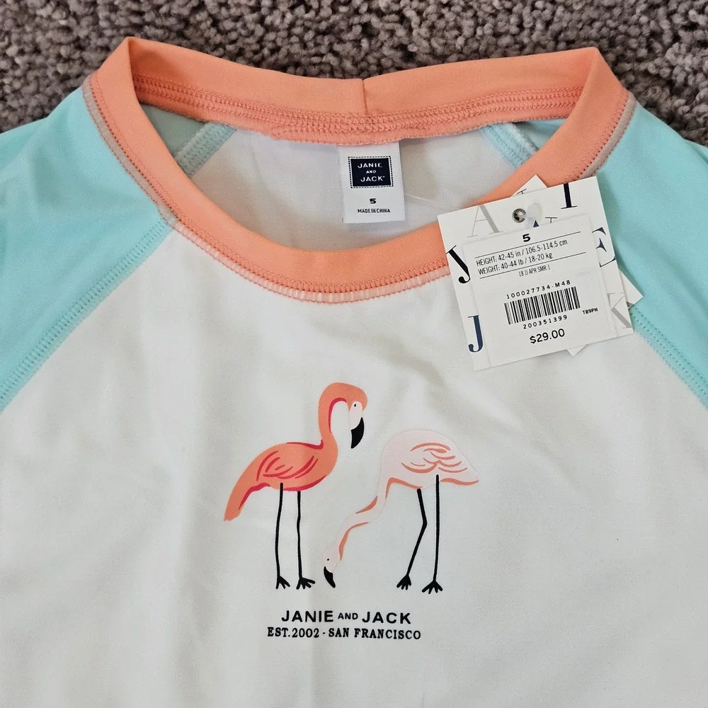 Janie and Jack Rash Guard Kids Size 5 Lot of 2 New UPF 50+ Nautical Flamingo Sun